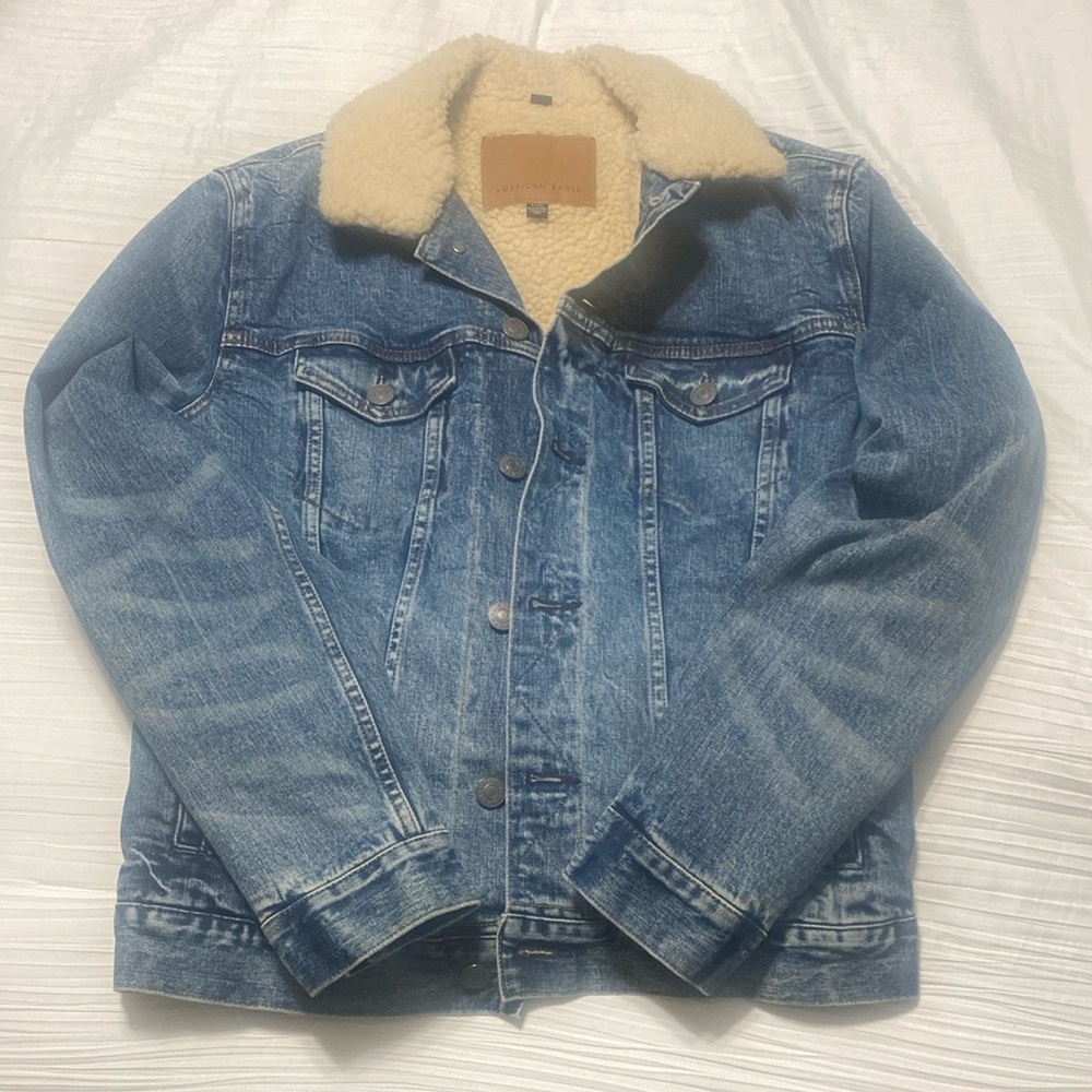 American Eagle Outfitters Blue Denim Jacket with Cream Sherpa